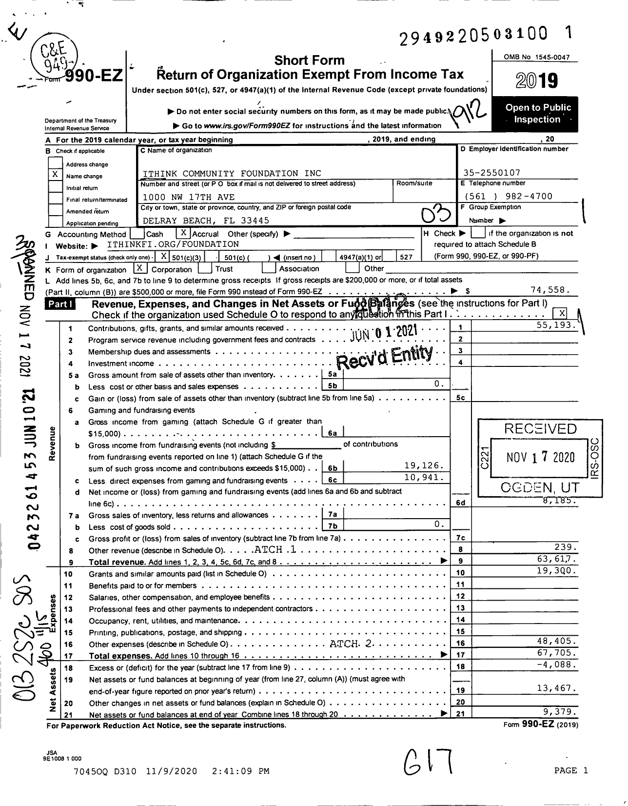 Image of first page of 2019 Form 990EZ for iTHINK Community Foundation