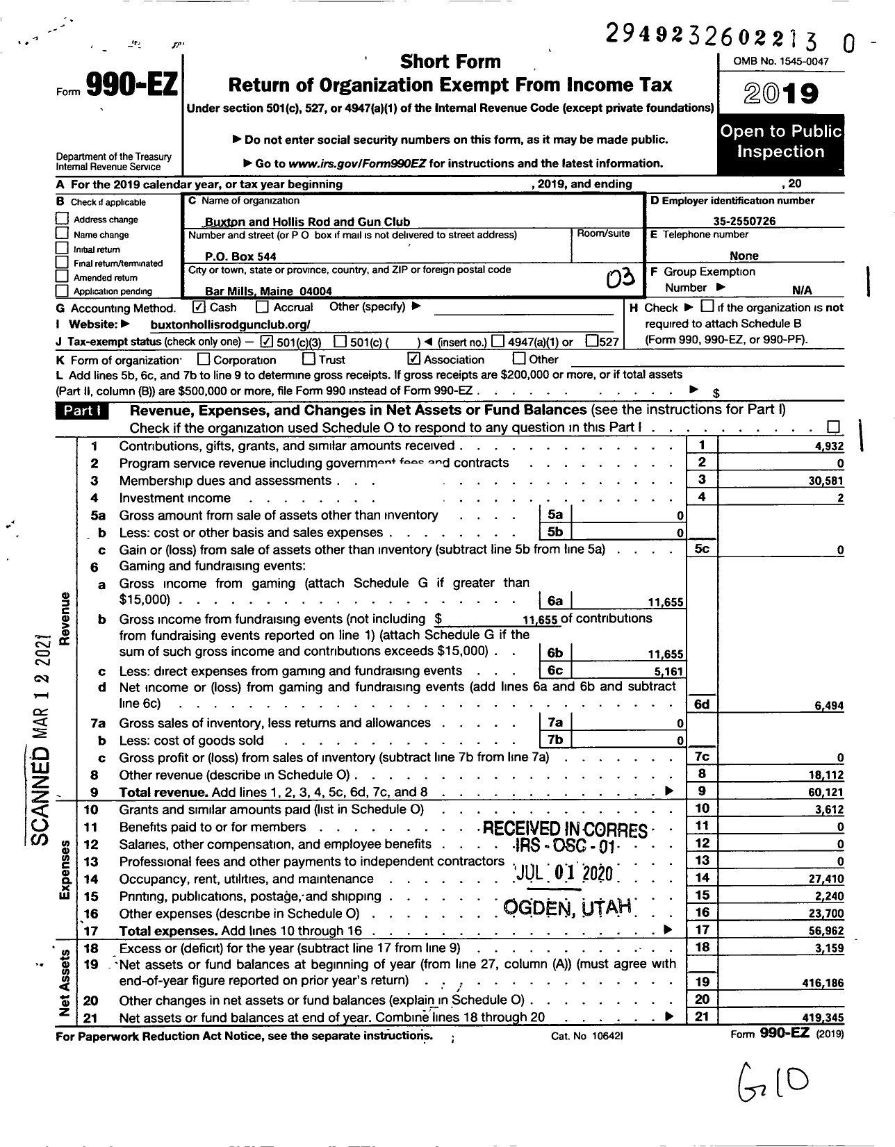 Image of first page of 2019 Form 990EZ for Buxton and Hollis Rod and Gun Club