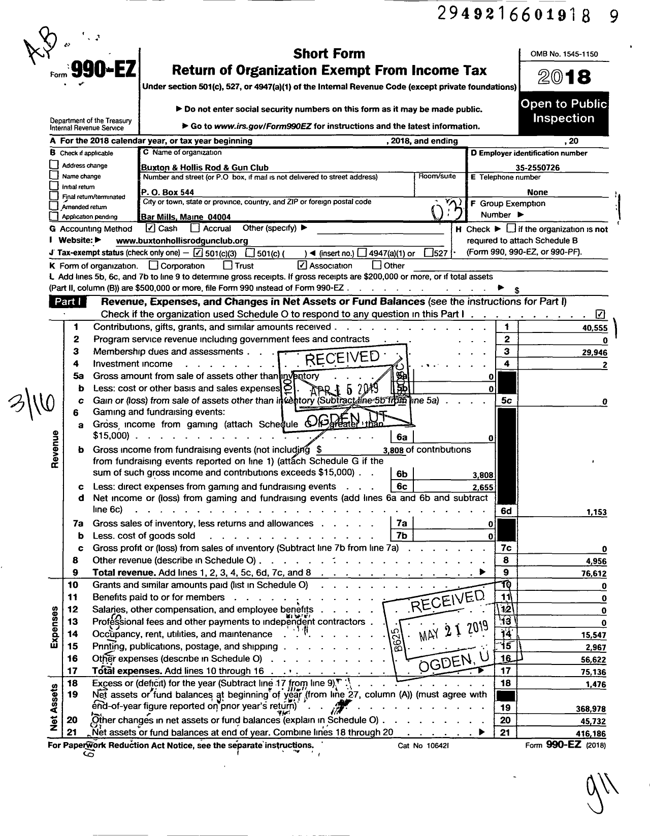 Image of first page of 2018 Form 990EZ for Buxton and Hollis Rod and Gun Club