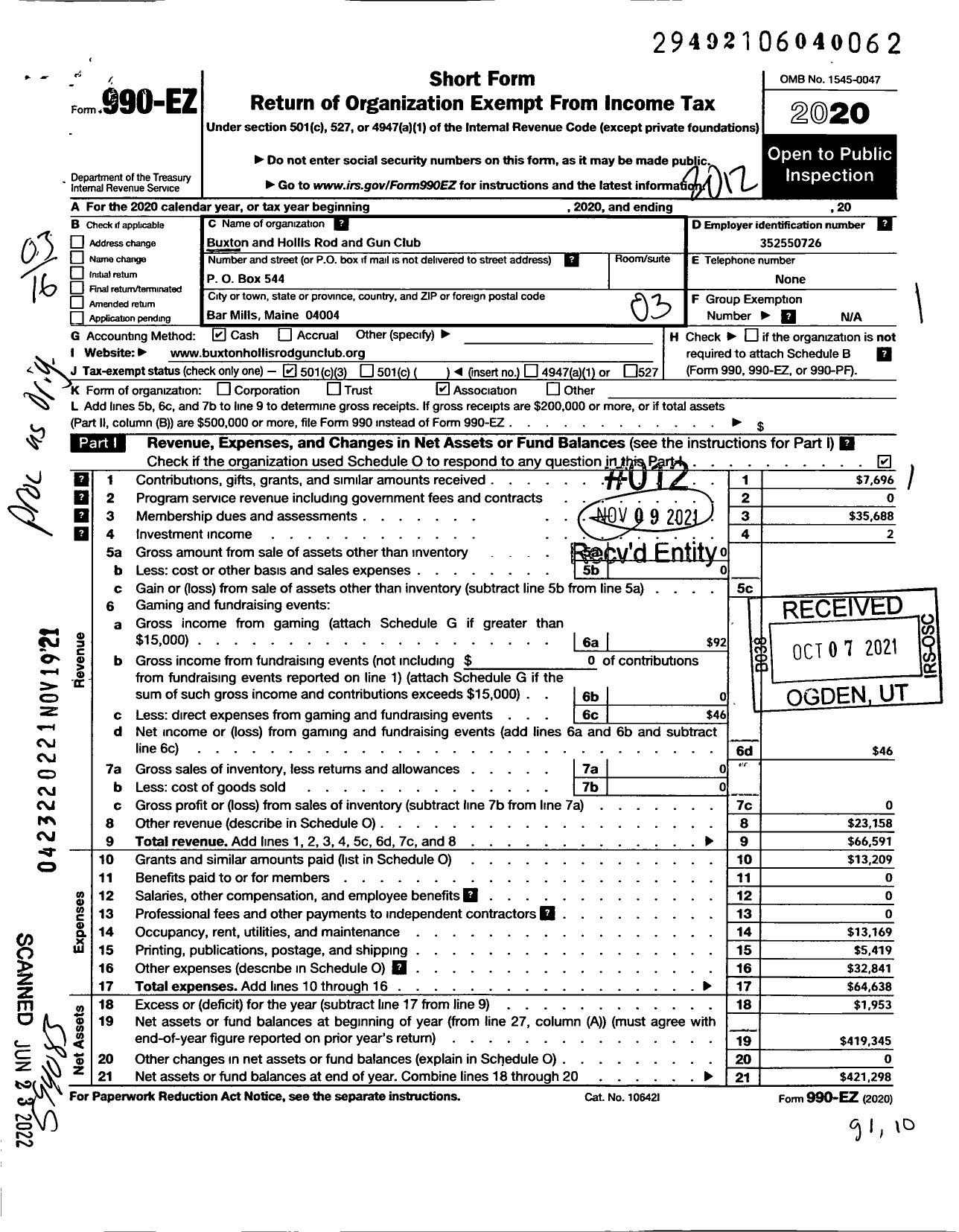 Image of first page of 2020 Form 990EZ for Buxton and Hollis Rod and Gun Club