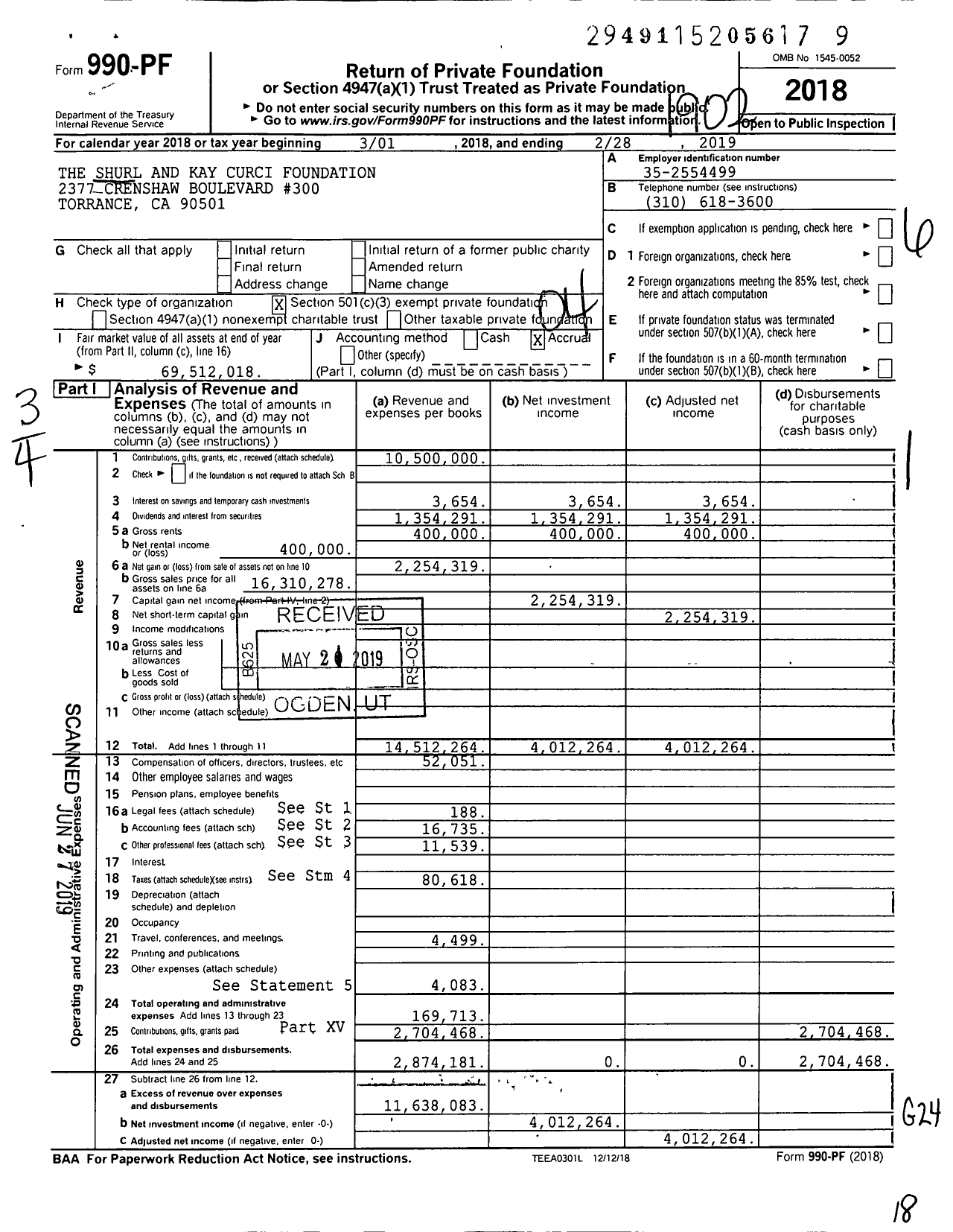 Image of first page of 2018 Form 990PF for The Shurl and Kay Curci Foundation