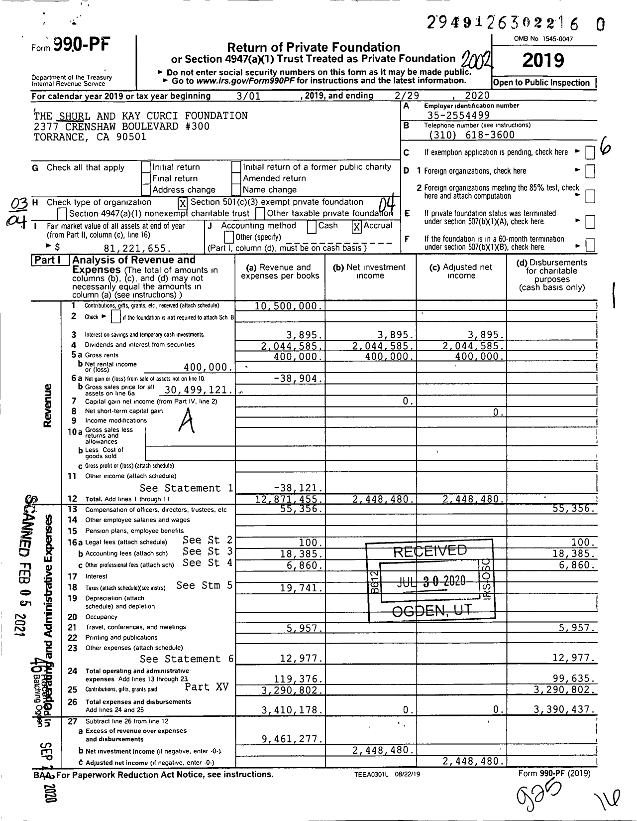 Image of first page of 2019 Form 990PF for The Shurl and Kay Curci Foundation