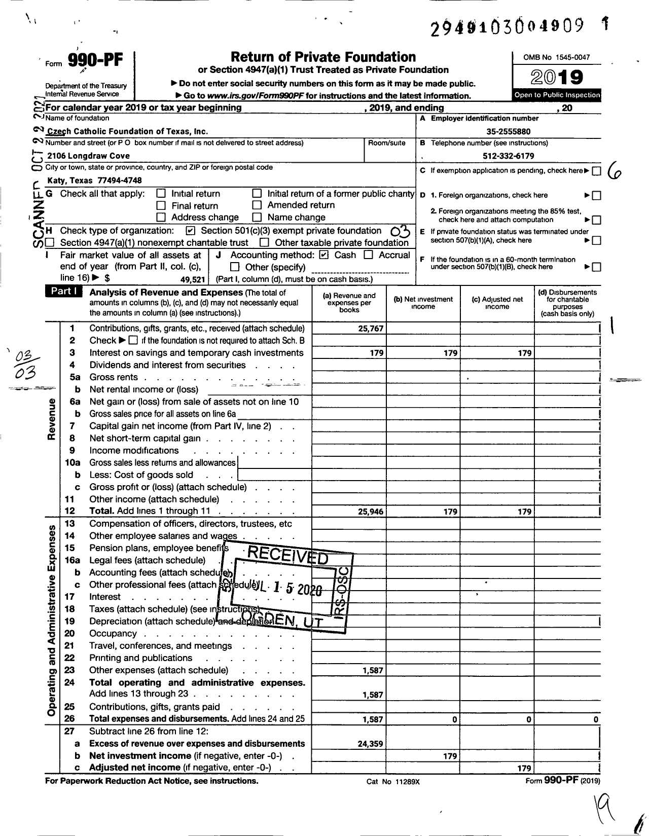 Image of first page of 2019 Form 990PF for Czech Catholic Foundation of Texas