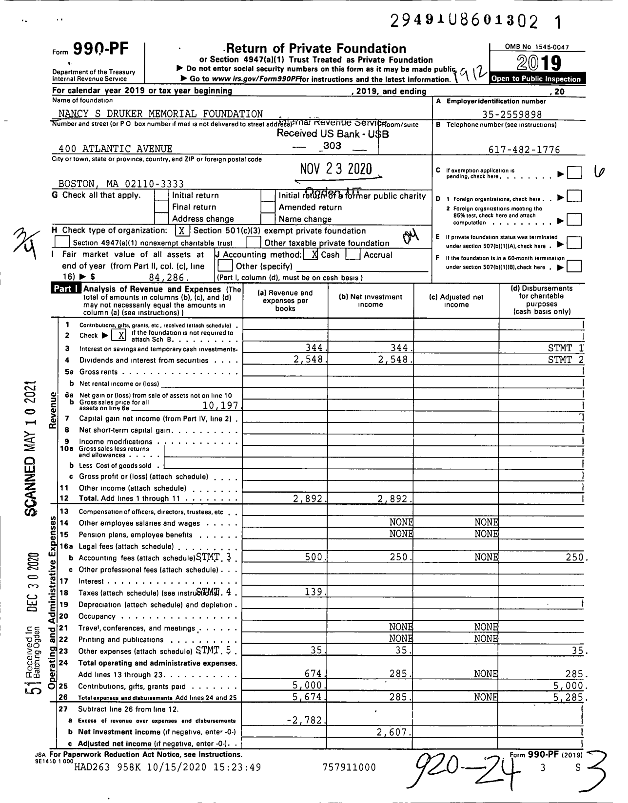 Image of first page of 2019 Form 990PF for Nancy S Druker Memorial Foundation