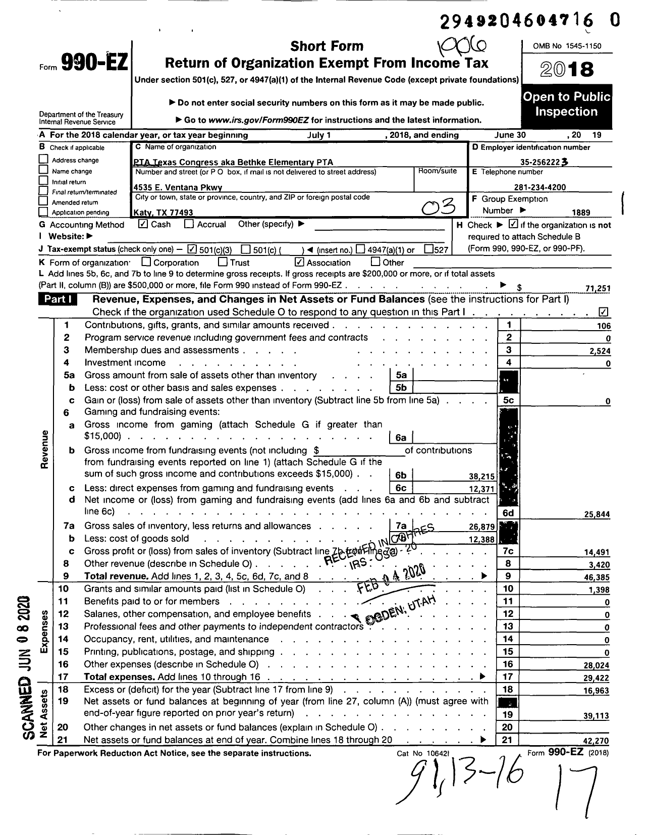 Image of first page of 2018 Form 990EZ for Texas Pta - Pta Texas Congress (Bethke Pta)