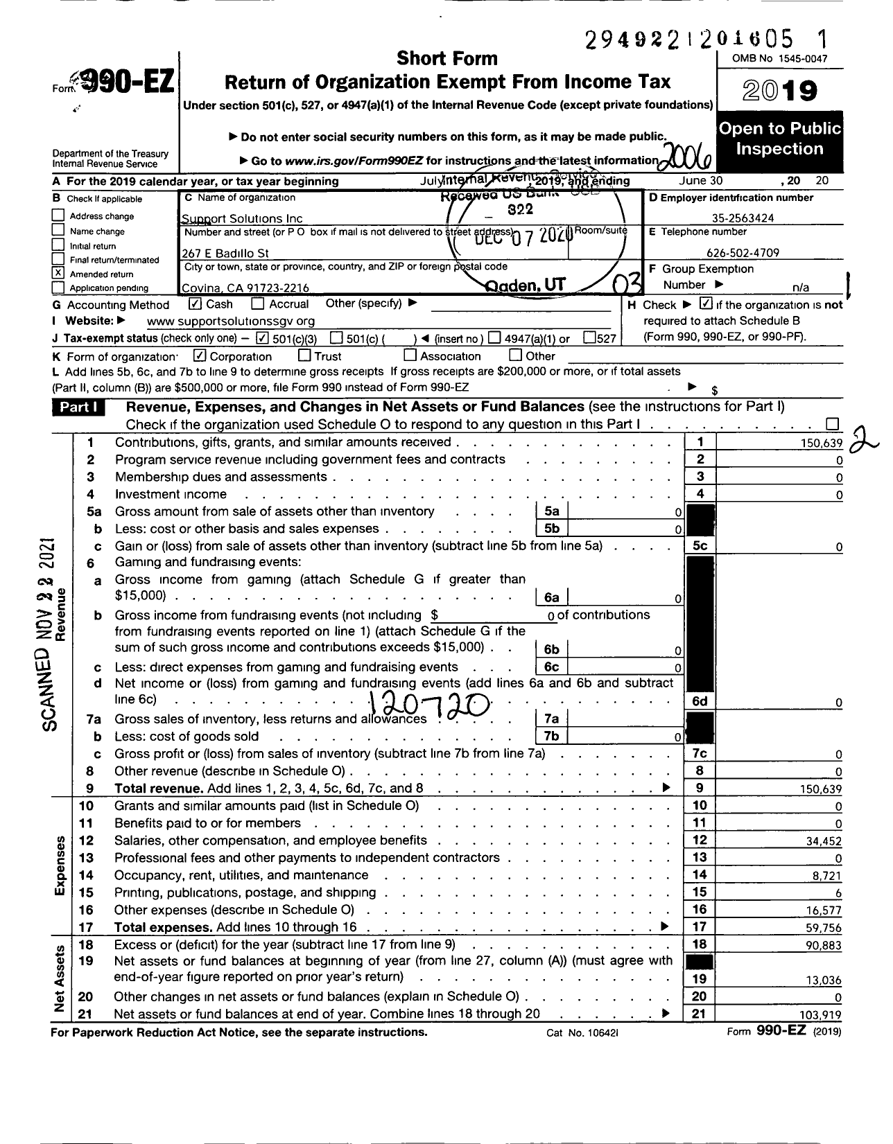 Image of first page of 2019 Form 990EZ for Support Solutions