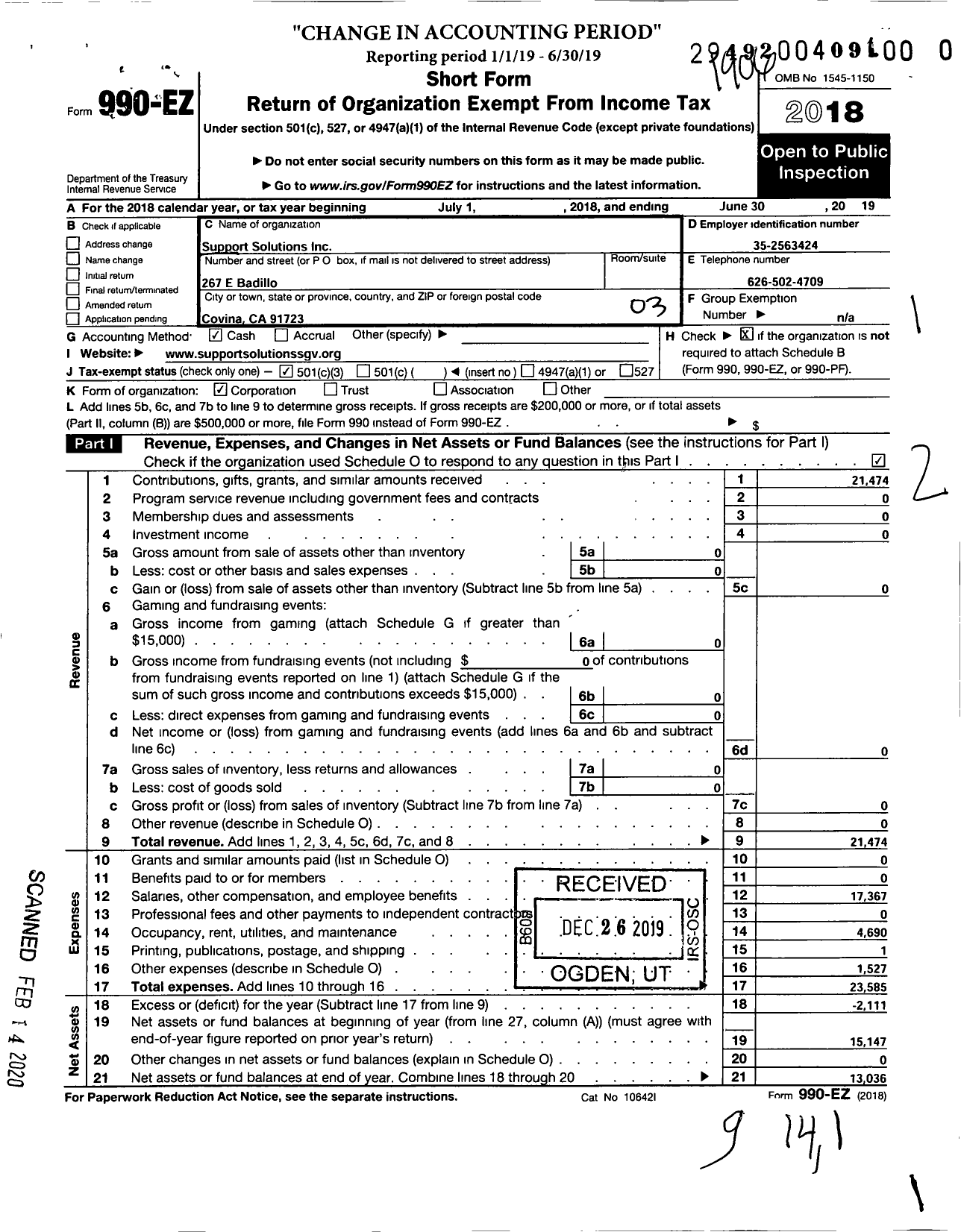 Image of first page of 2018 Form 990EZ for Support Solutions