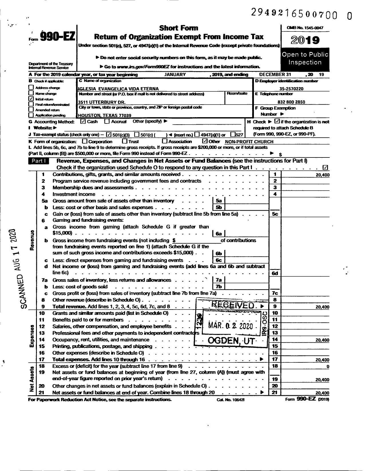 Image of first page of 2019 Form 990EZ for Iglesia Evangelica Vida Eterna