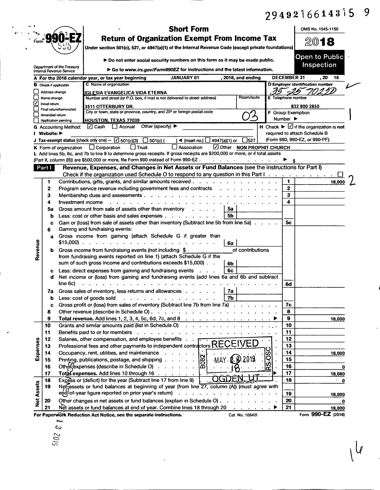 Image of first page of 2018 Form 990EZ for Iglesia Evangelica Vida Eterna