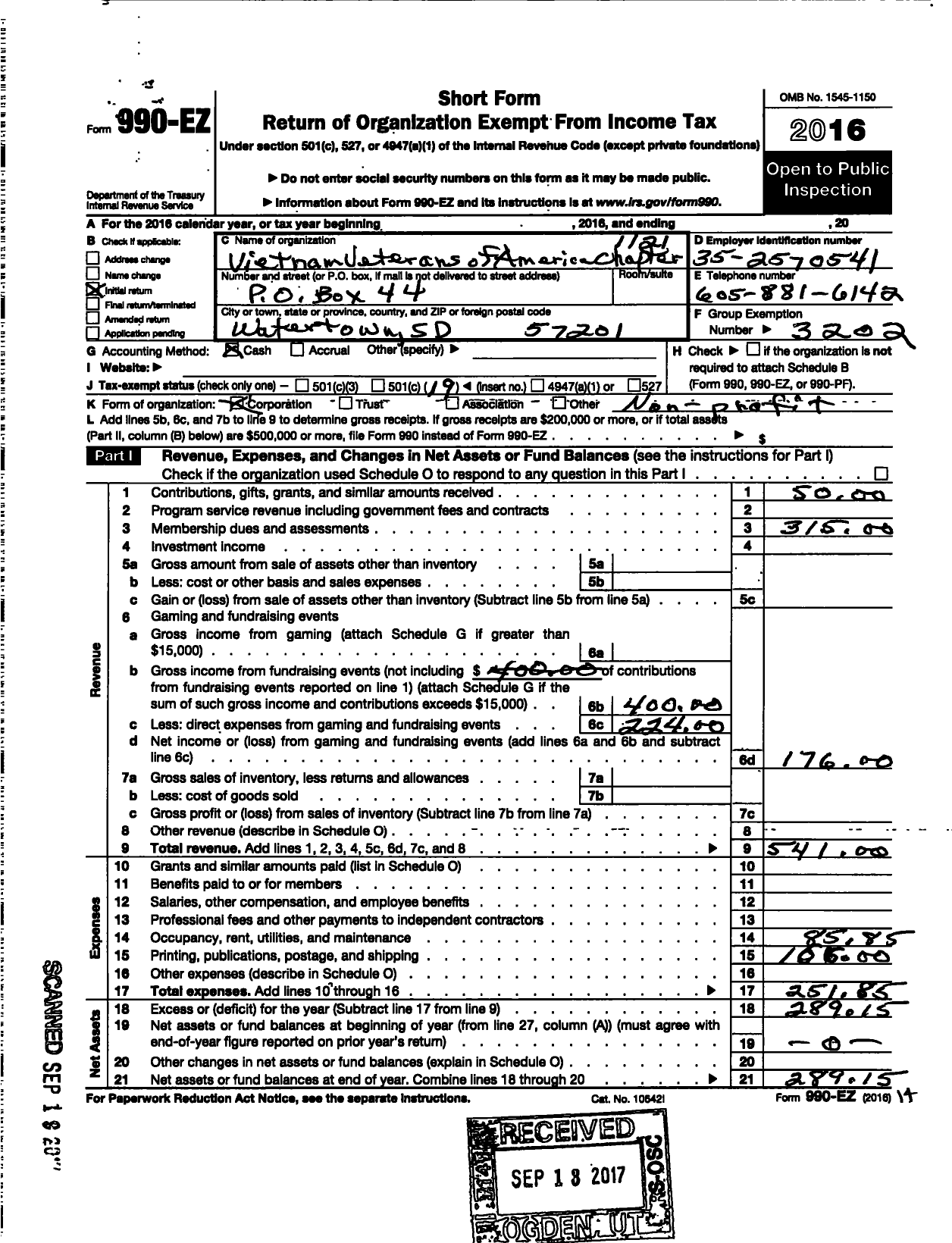 Image of first page of 2016 Form 990EO for Vietnam Veterans of America - 1121 Chapter