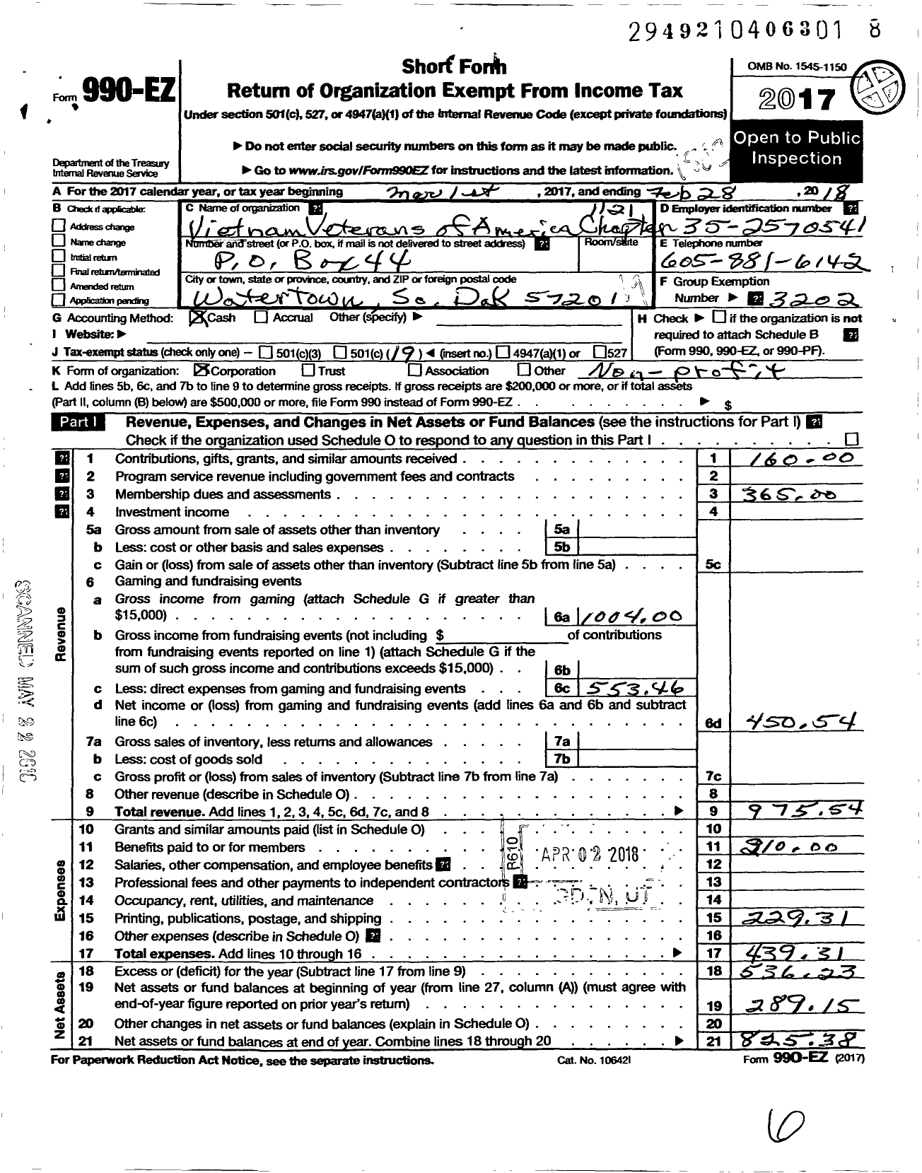 Image of first page of 2017 Form 990EO for Vietnam Veterans of America - 1121 Chapter