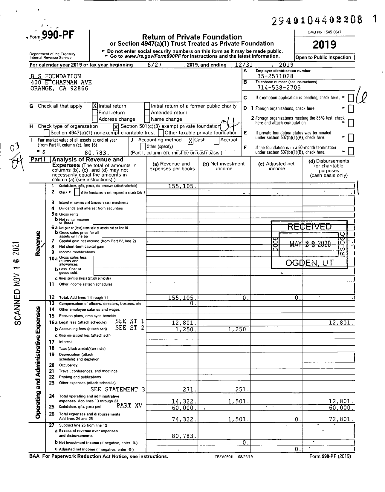 Image of first page of 2019 Form 990PF for B S Foundation