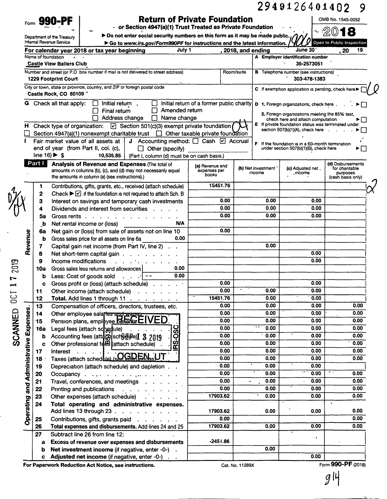 Image of first page of 2018 Form 990PF for Castle View Ballers Club