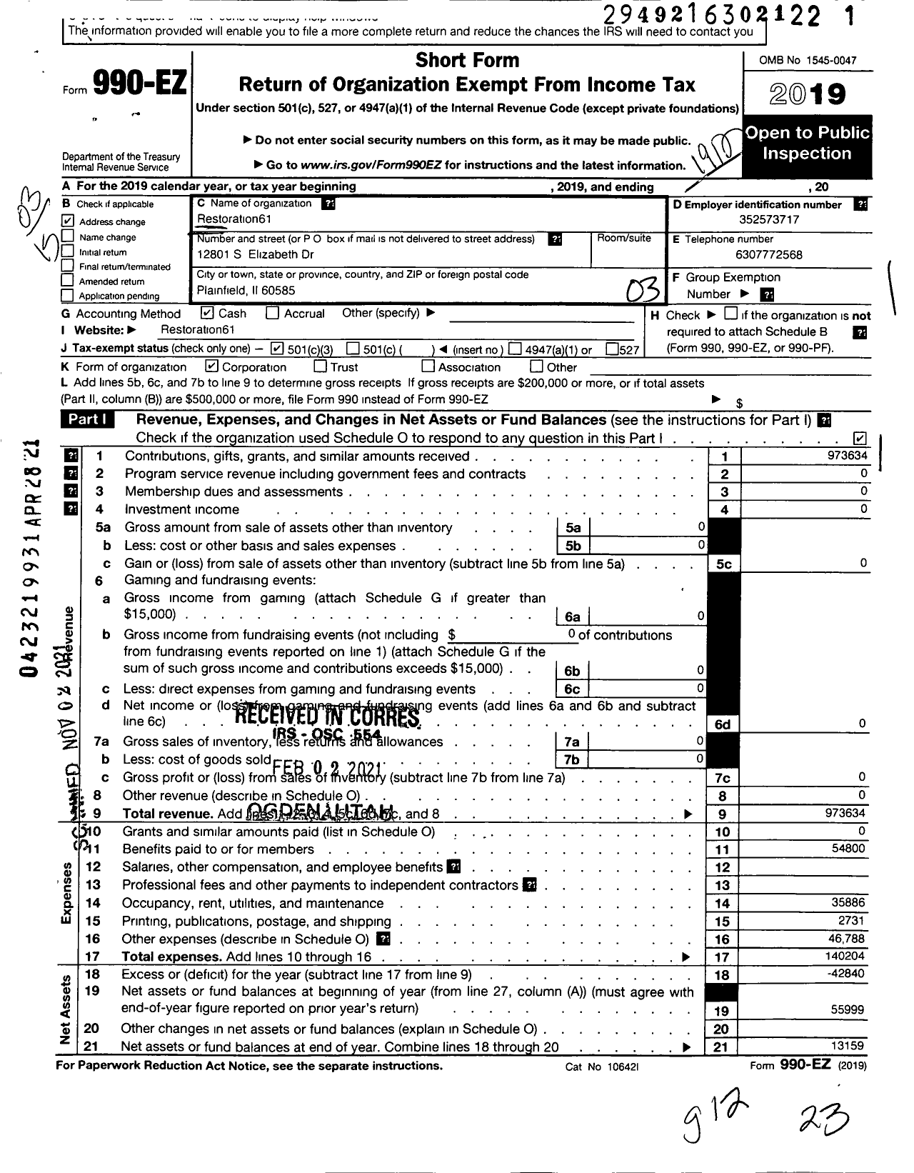 Image of first page of 2019 Form 990EZ for Restoration61