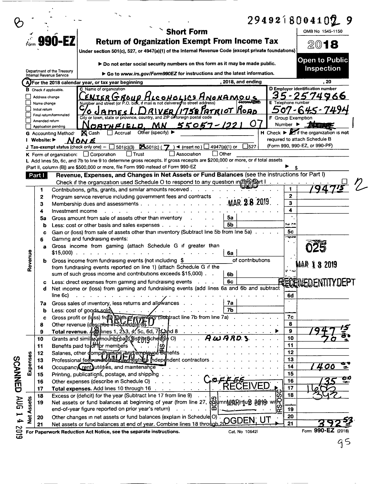 Image of first page of 2018 Form 990EO for Center Group