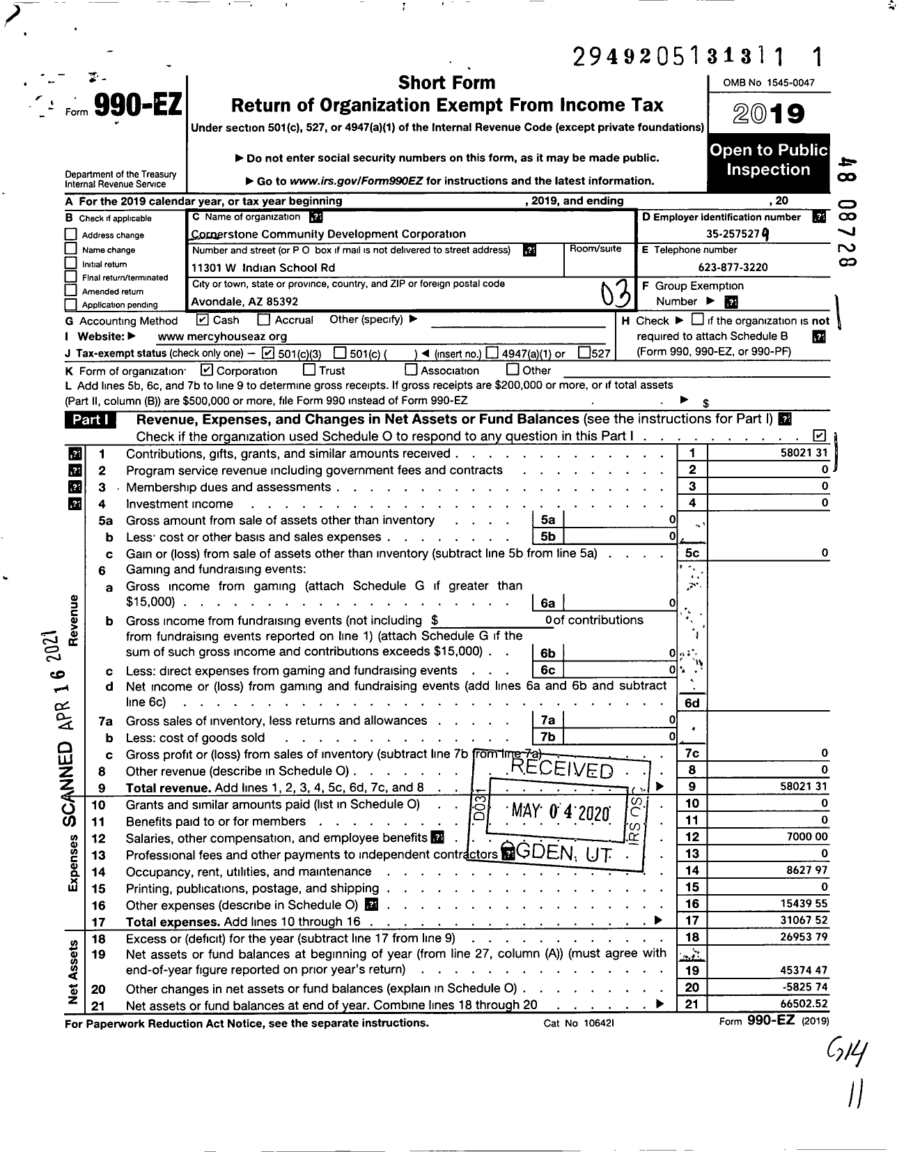 Image of first page of 2019 Form 990EZ for CORNERSTONE Community DEVELOPMENT CORPORATION / Mercy House Community Center