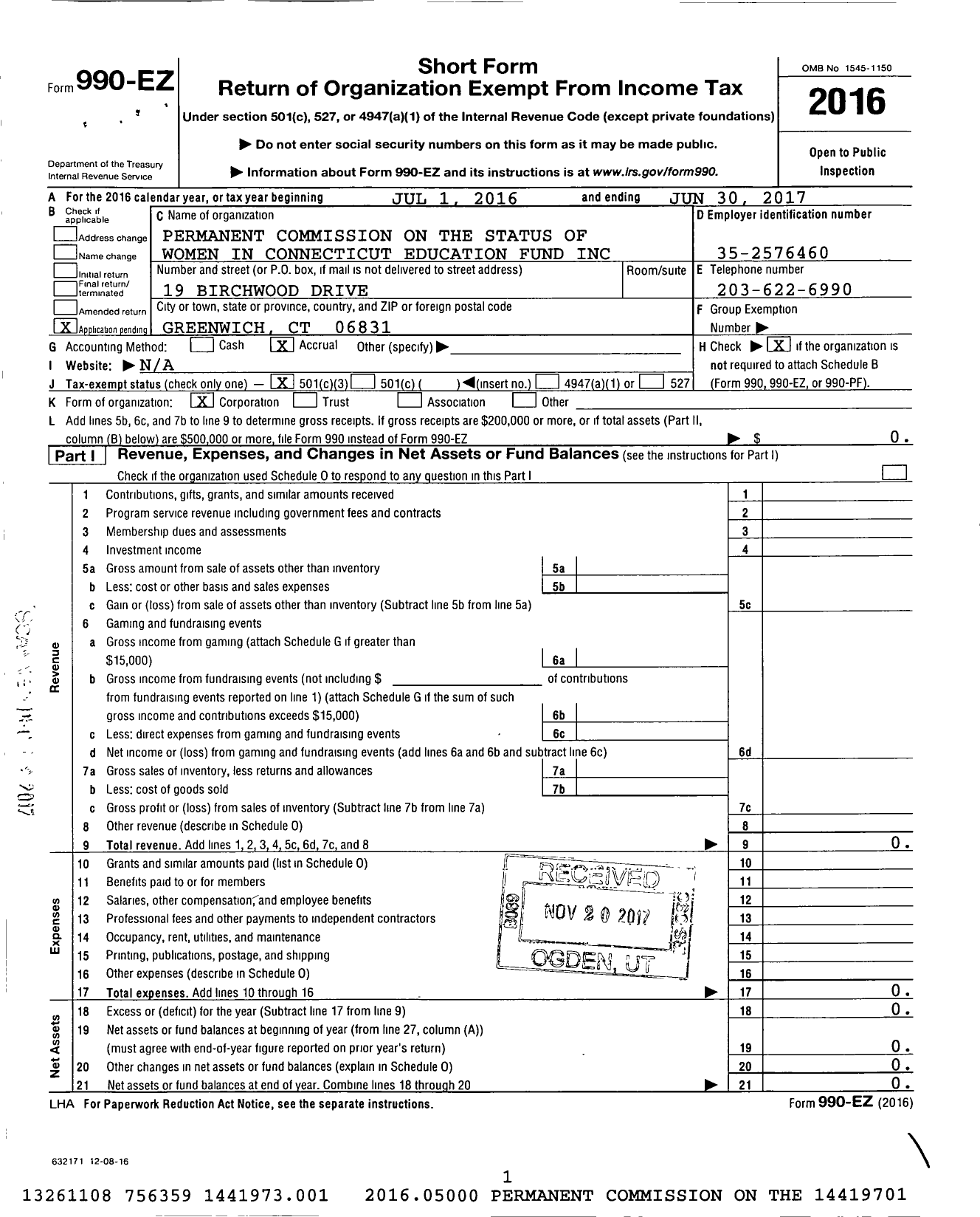 Image of first page of 2016 Form 990EZ for Permanent Commission on the Status of Women in Connecticut Education Fund