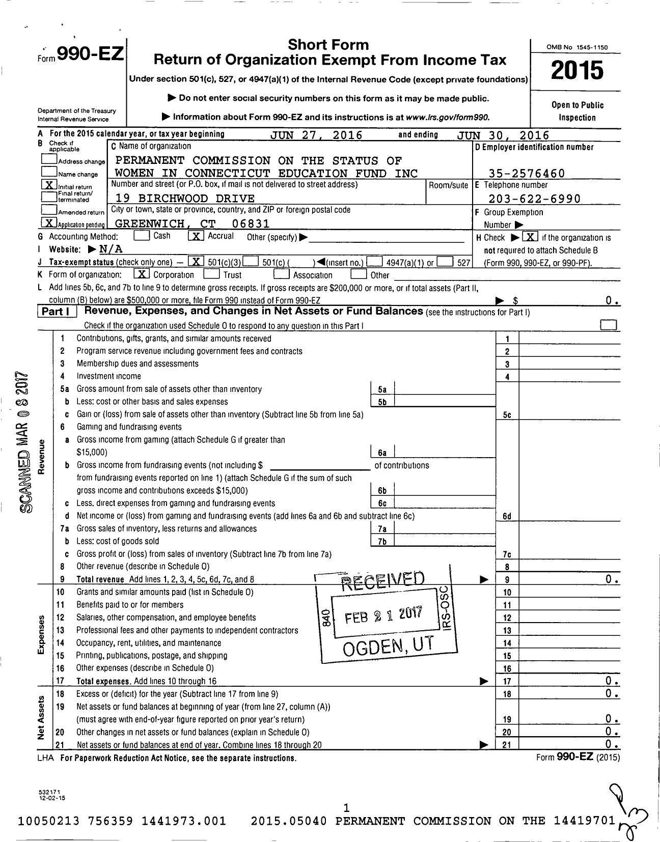 Image of first page of 2015 Form 990EZ for Permanent Commission on the Status of Women in Connecticut Education Fund