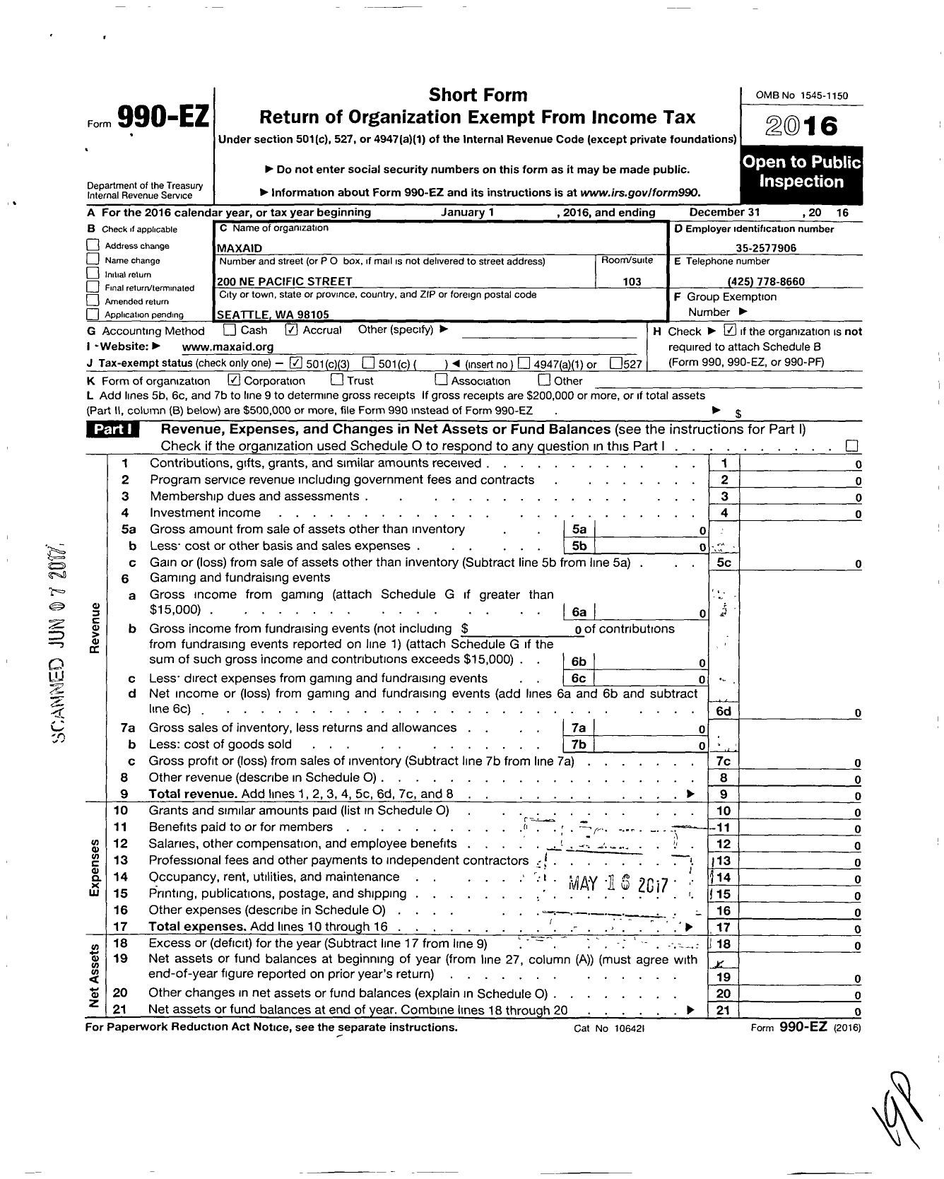 Image of first page of 2016 Form 990EZ for Maxaid