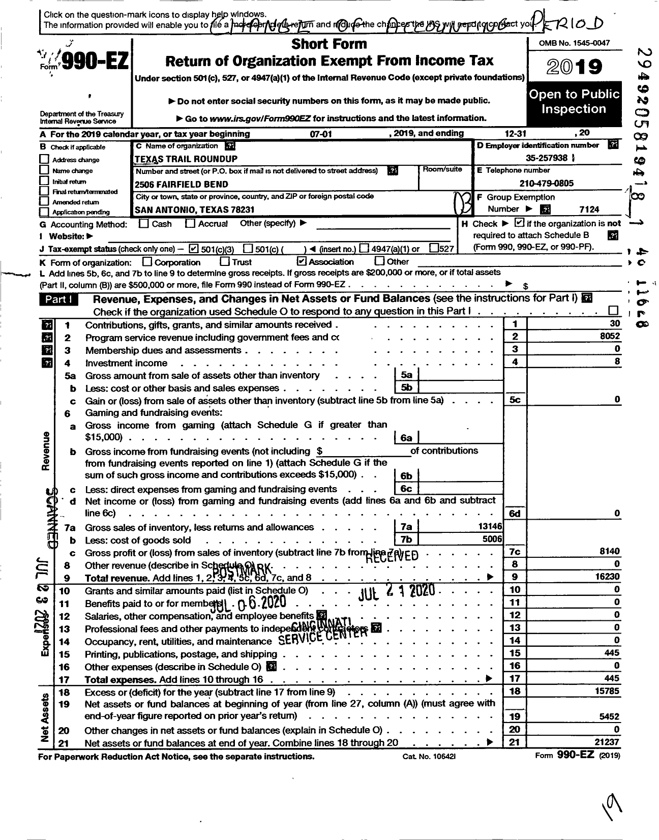 Image of first page of 2019 Form 990EZ for American Volkssport Association / Texas Trail Roundup
