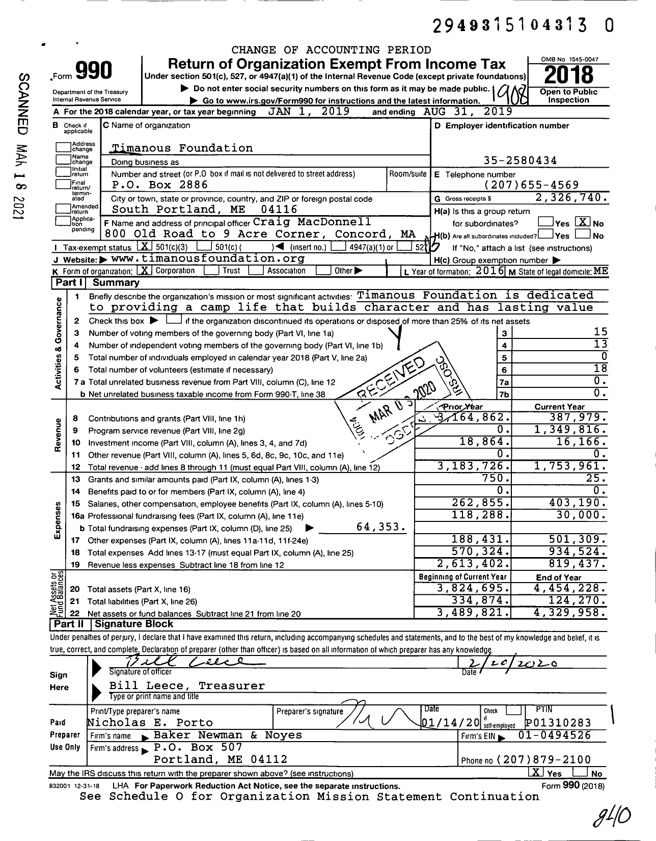Image of first page of 2018 Form 990 for Camp Timanous