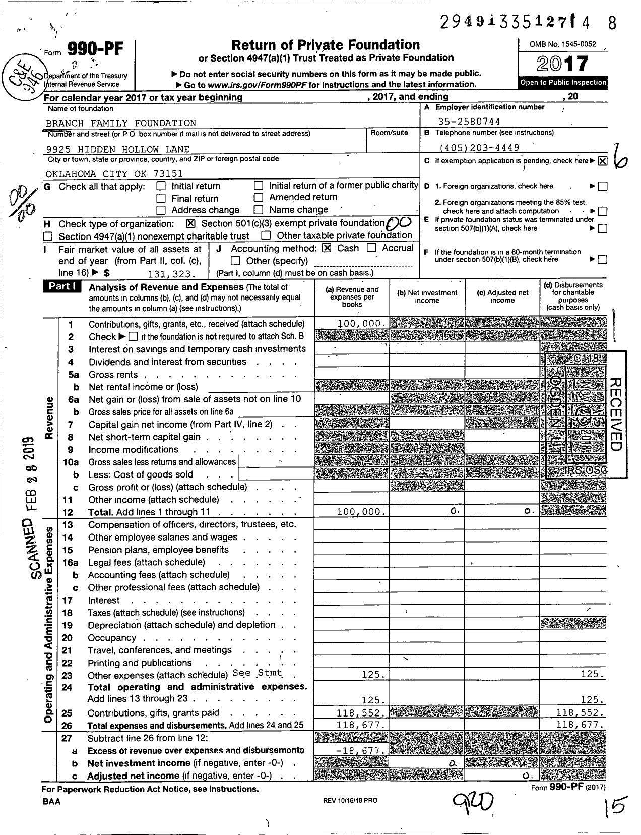 Image of first page of 2017 Form 990PF for Branch Family Foundation
