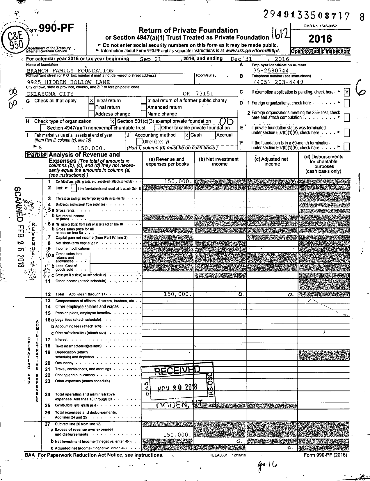 Image of first page of 2016 Form 990PF for Branch Family Foundation