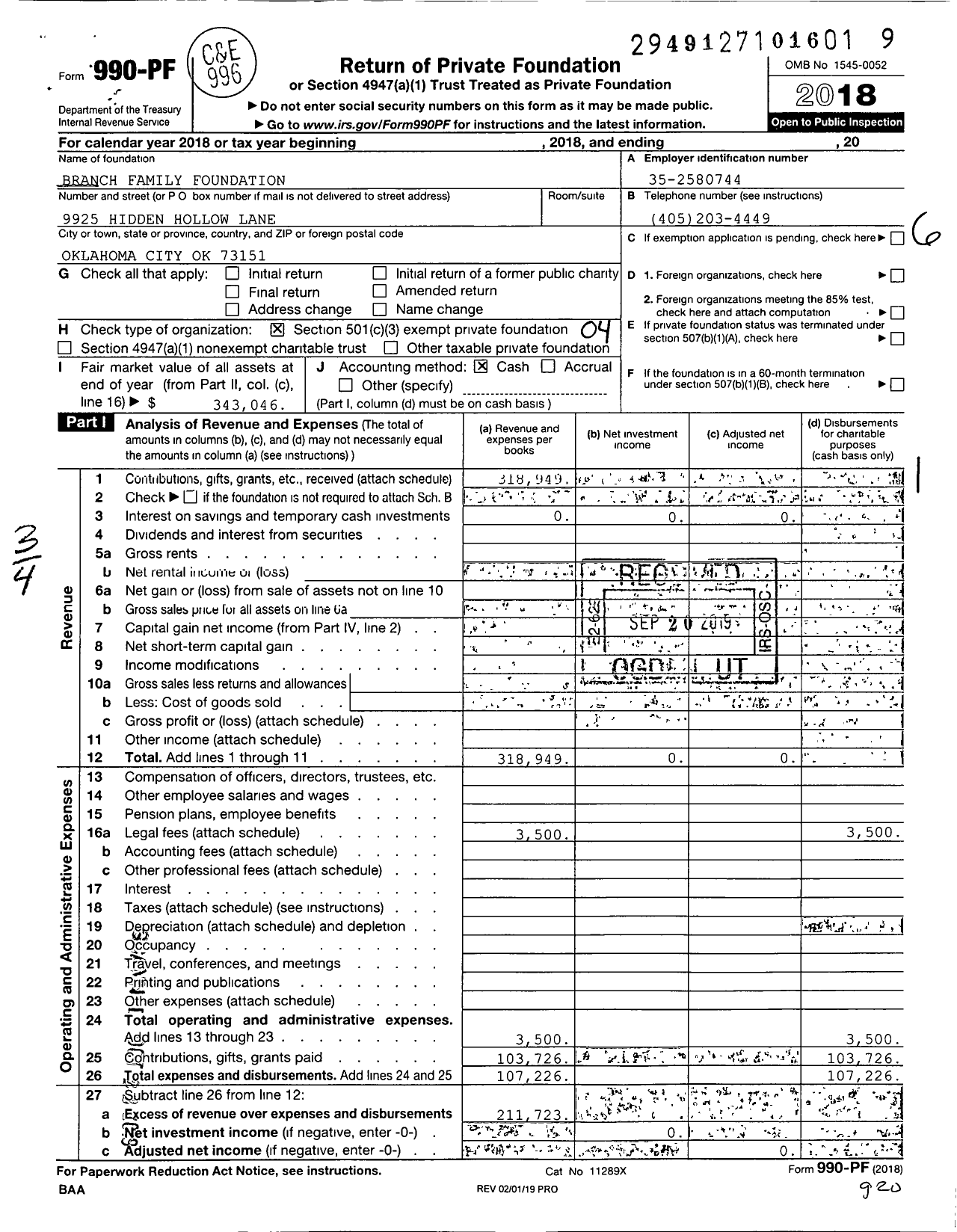 Image of first page of 2018 Form 990PF for Branch Family Foundation
