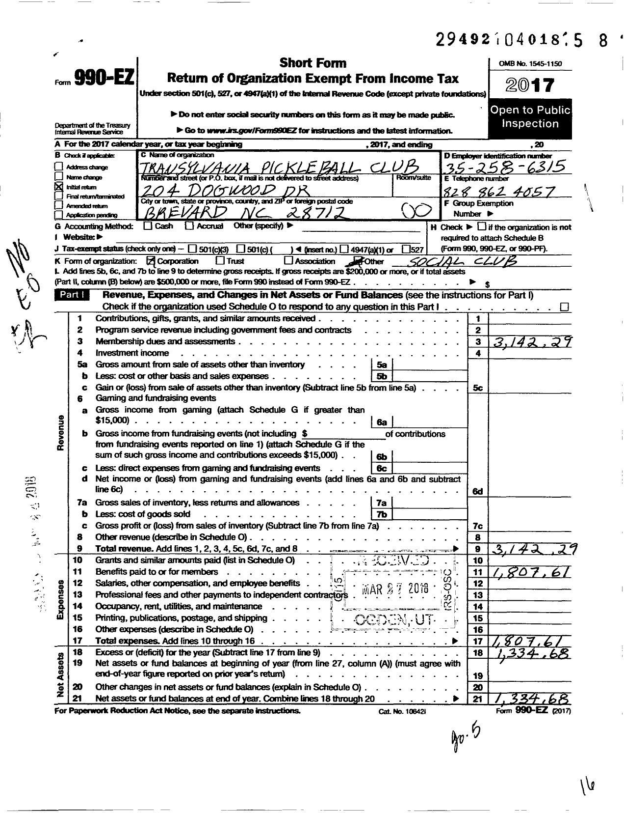 Image of first page of 2017 Form 990EO for Transylvania Pickleball Club (TPC)