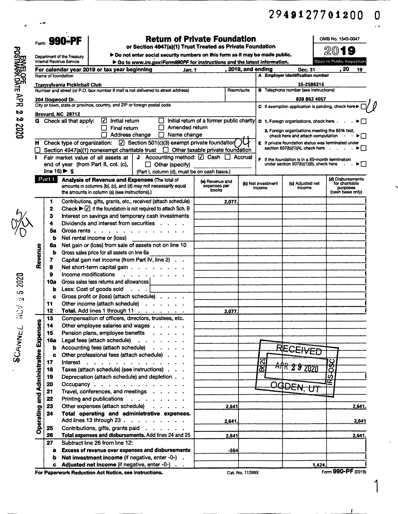 Image of first page of 2019 Form 990PF for Transylvania Pickleball Club (TPC)