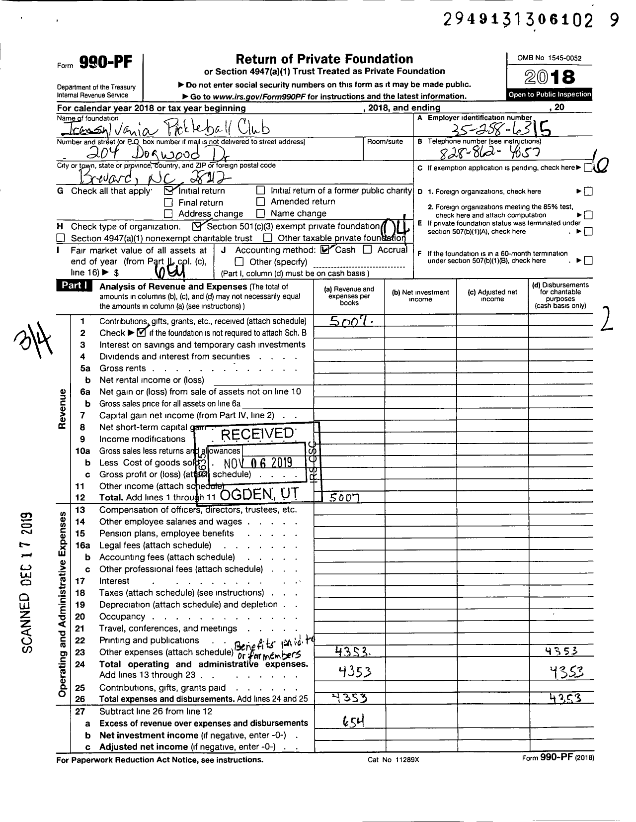 Image of first page of 2018 Form 990PF for Transylvania Pickleball Club (TPC)