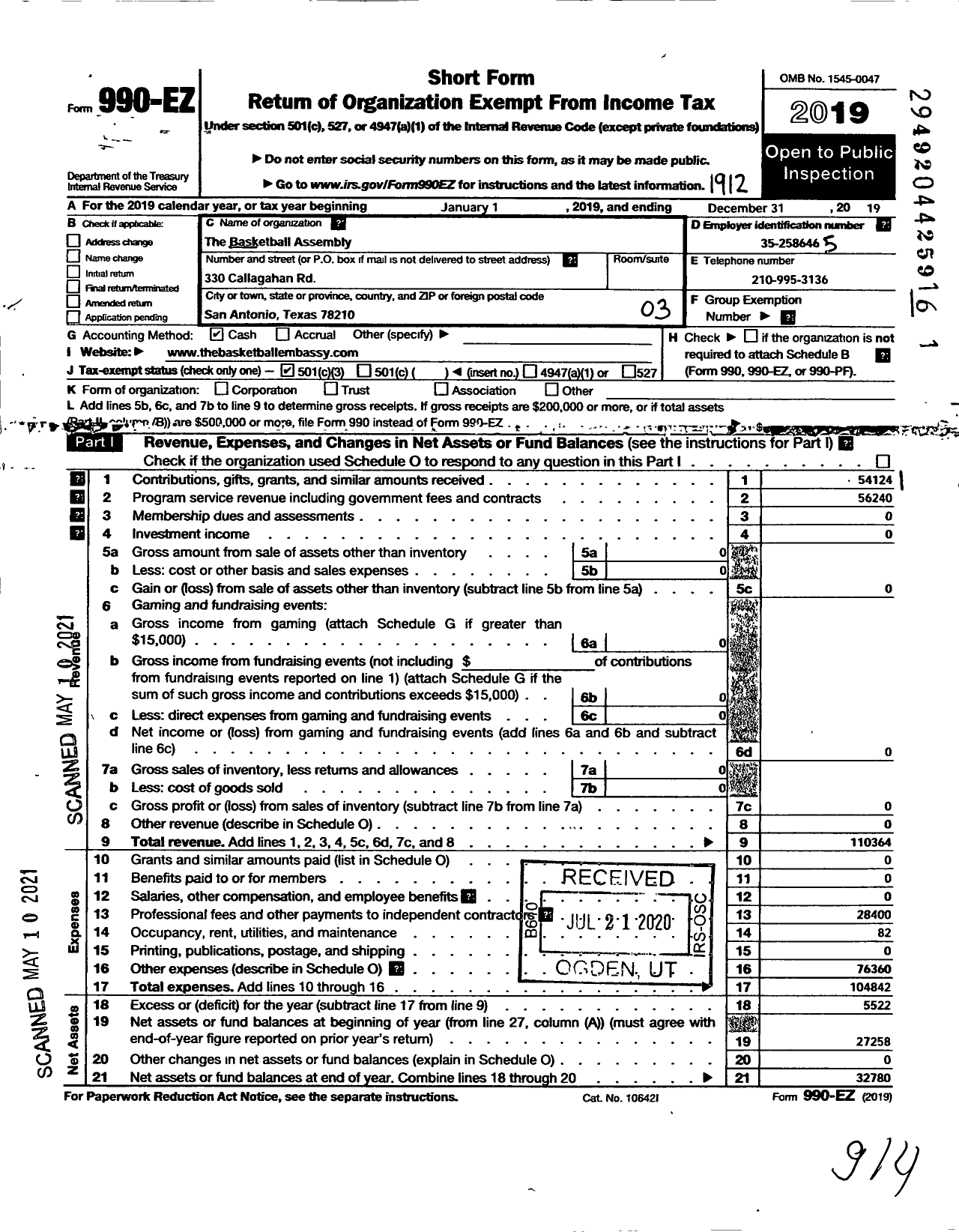 Image of first page of 2019 Form 990EZ for Basketball Embassy