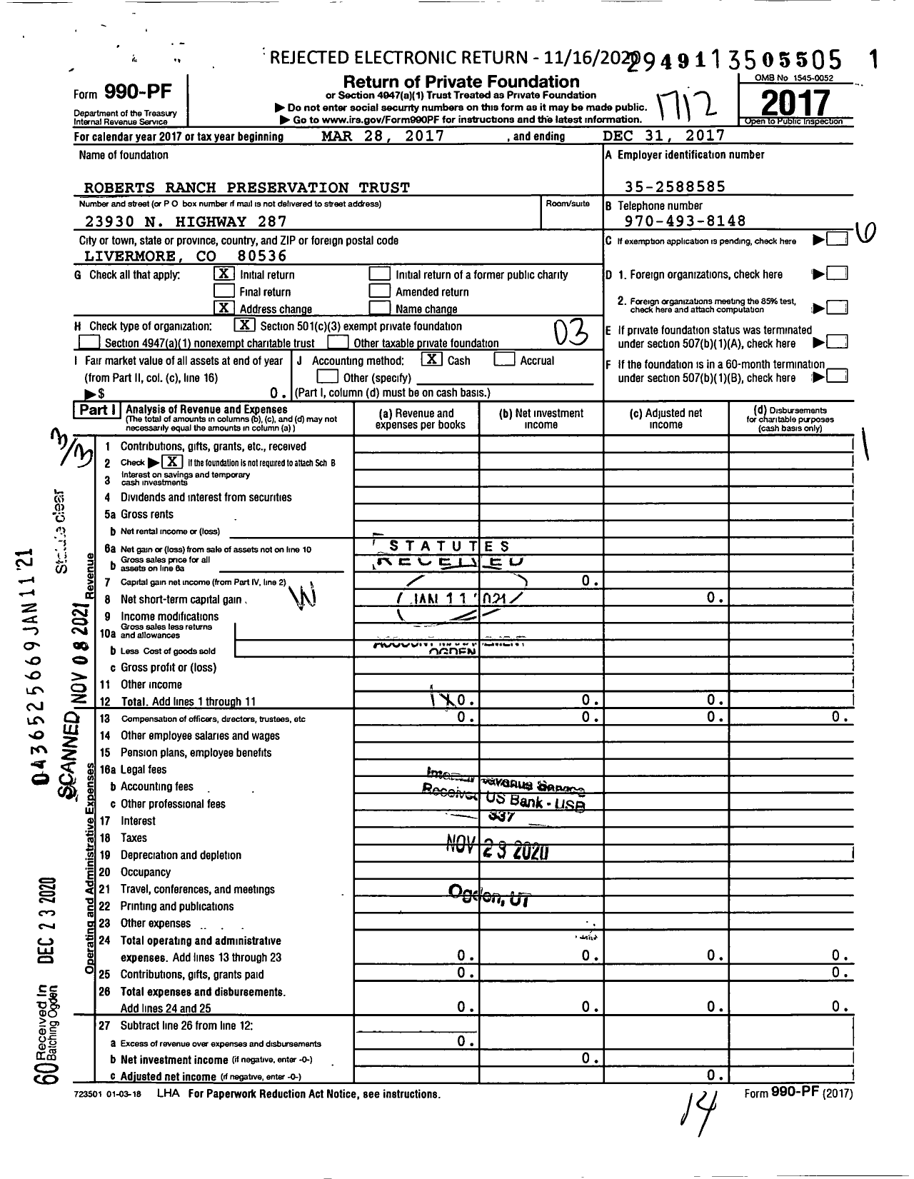 Image of first page of 2017 Form 990PF for Roberts Ranch Preservation Trust