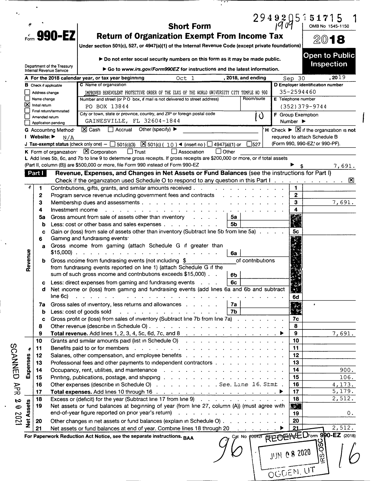 Image of first page of 2018 Form 990EO for Improved Benevolent Protective Order of the World University City Temple 90