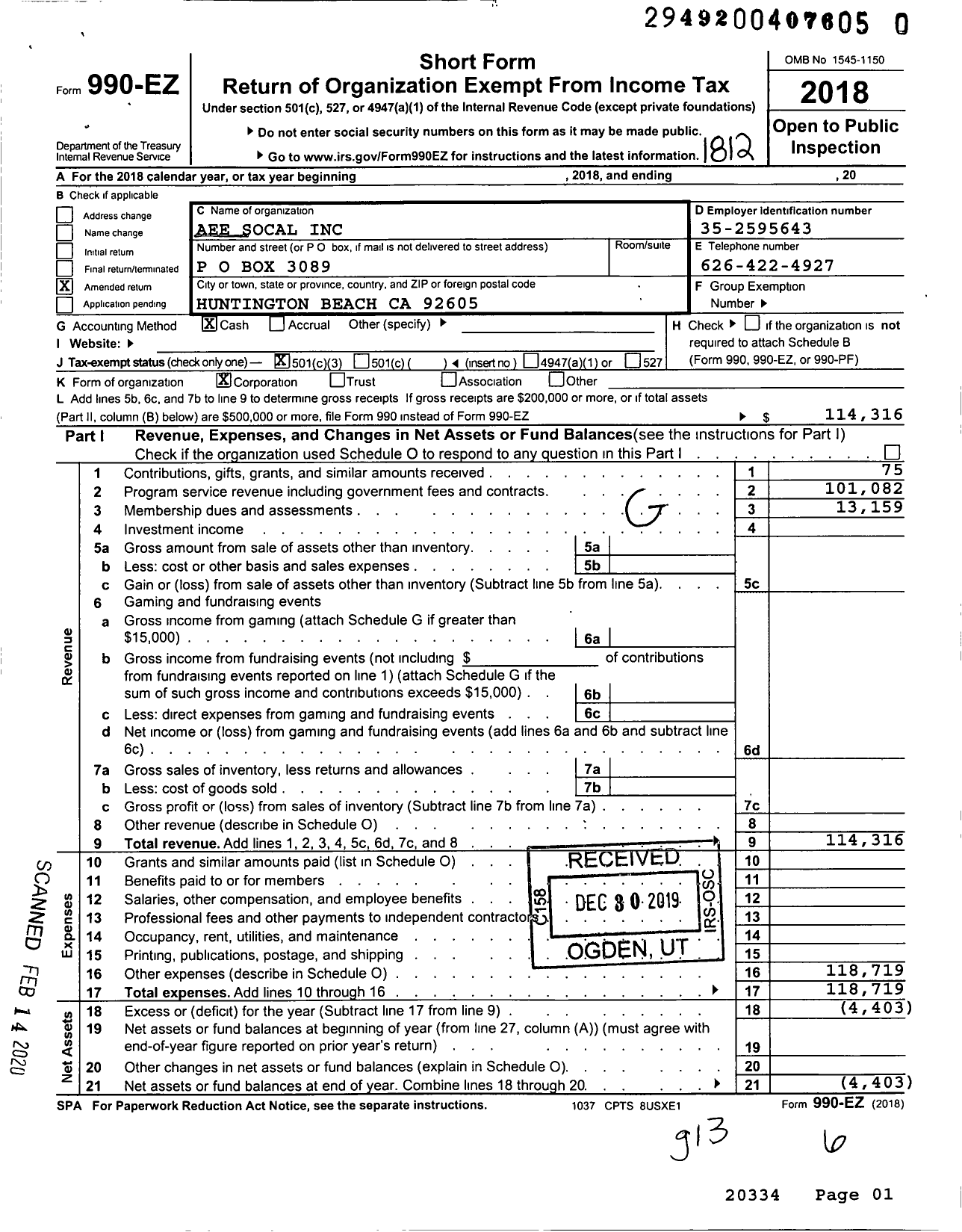 Image of first page of 2018 Form 990EZ for Aee Socal