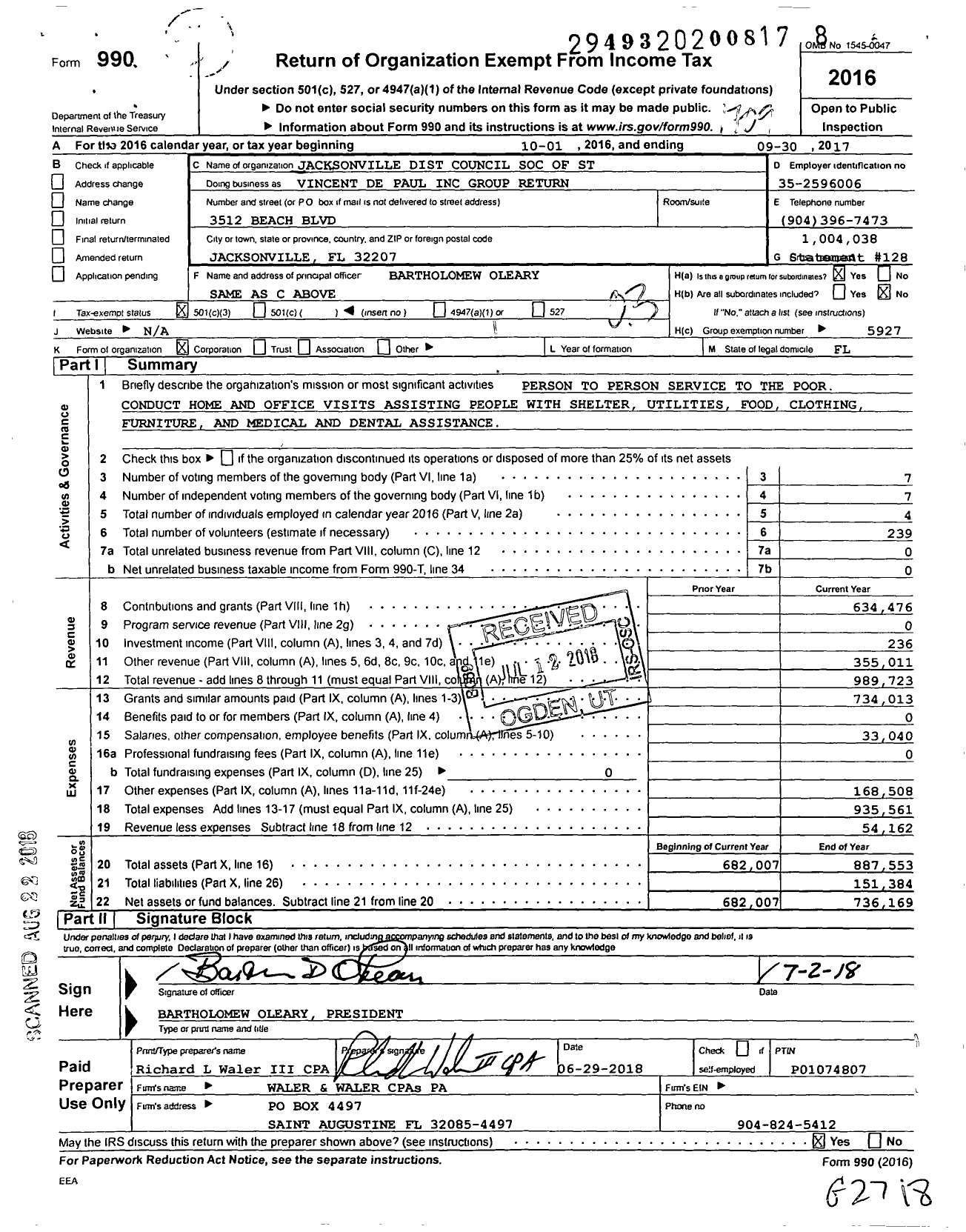Image of first page of 2016 Form 990 for Vincent de Paul Group Return