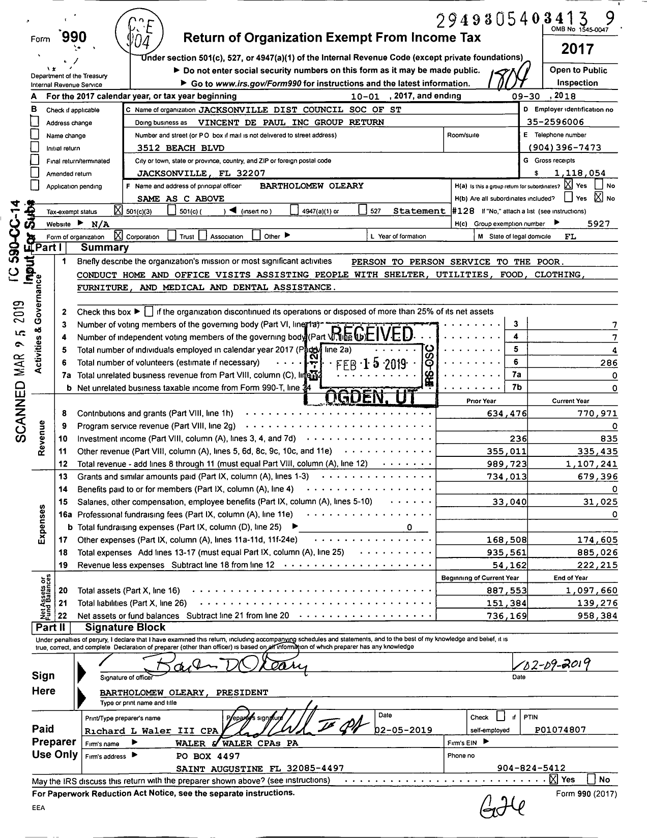 Image of first page of 2017 Form 990 for Vincent de Paul Group Return