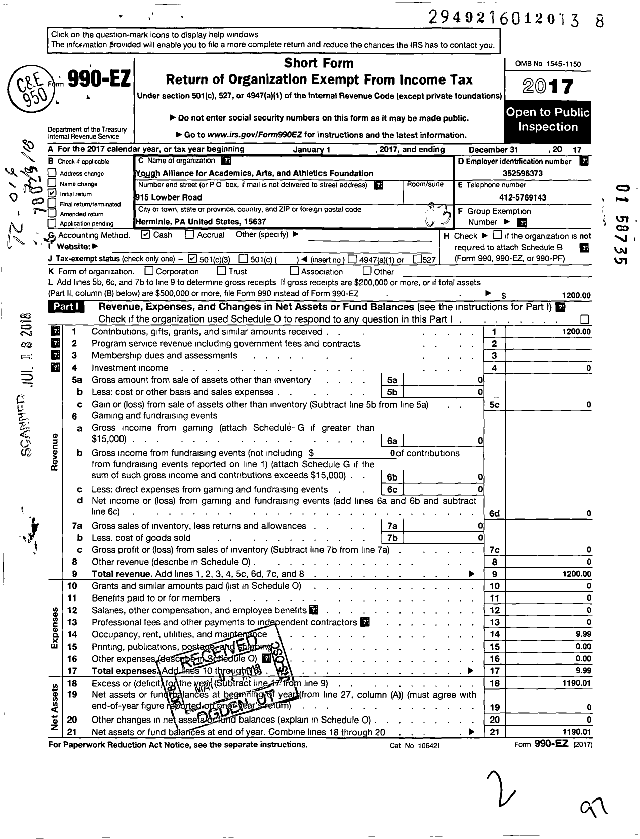 Image of first page of 2017 Form 990EZ for Yough Alliance for Academics Arts & Athletics Foundation