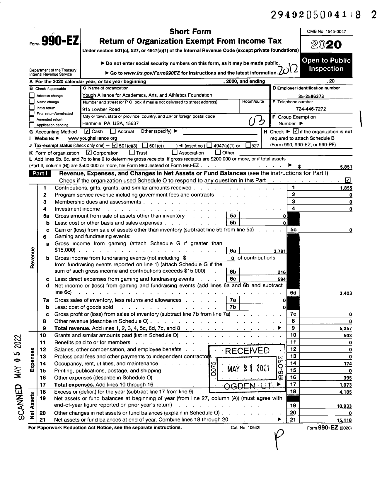 Image of first page of 2020 Form 990EZ for Yough Alliance for Academics Arts & Athletics Foundation