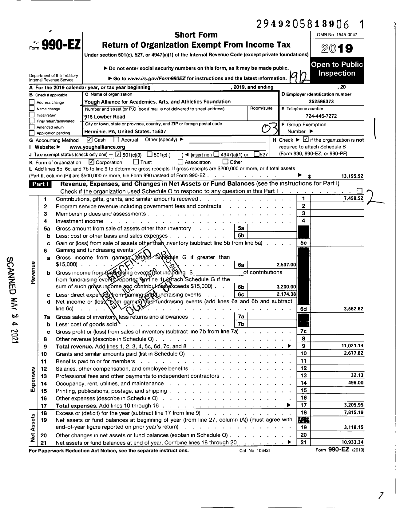 Image of first page of 2019 Form 990EZ for Yough Alliance for Academics Arts & Athletics Foundation