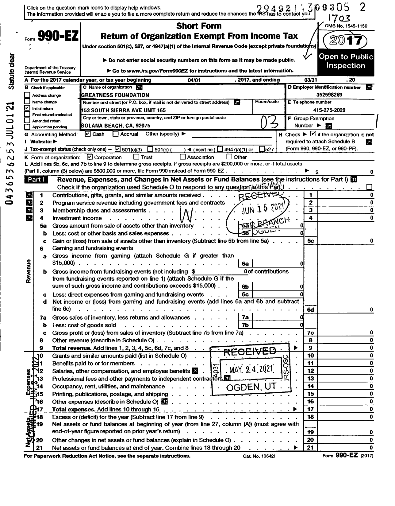 Image of first page of 2016 Form 990EZ for Greatness Foundation