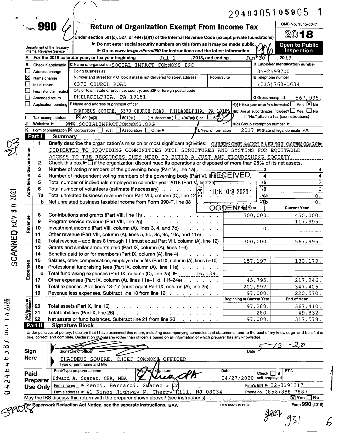 Image of first page of 2018 Form 990 for Social Impact Commons