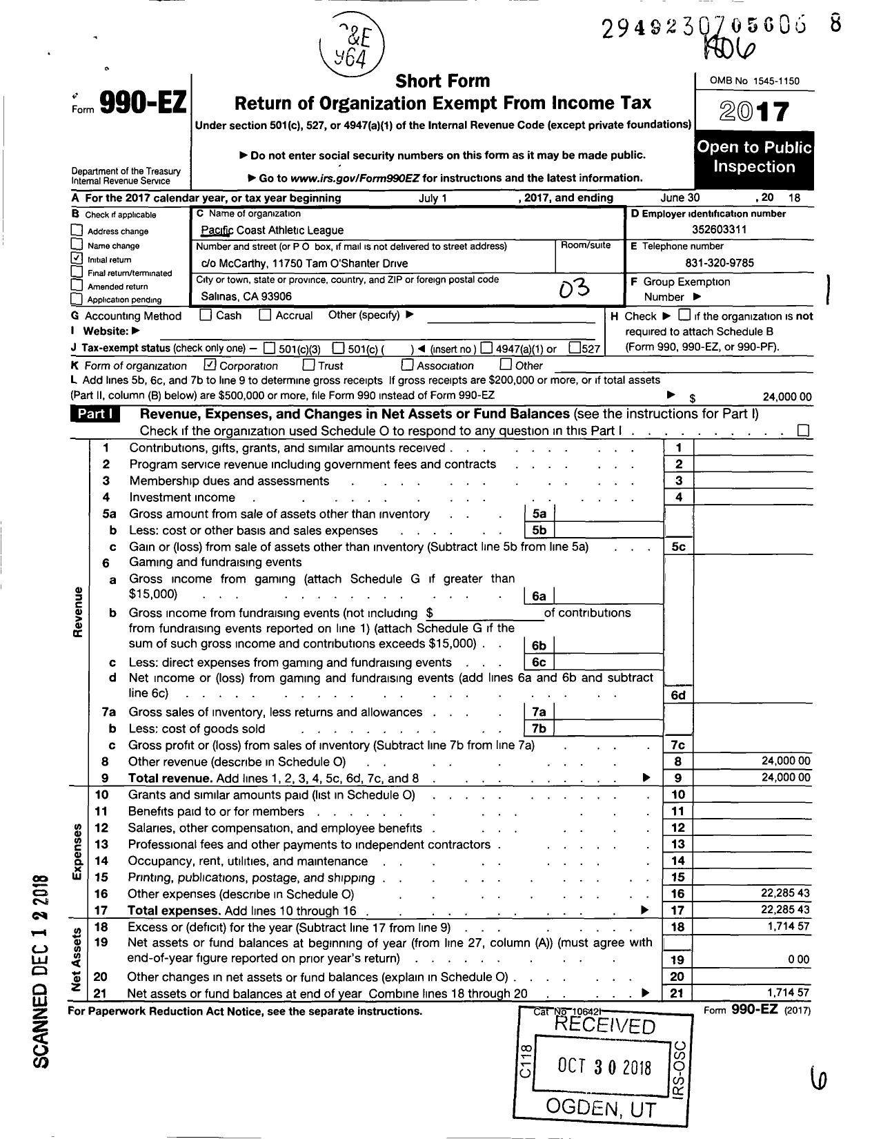 Image of first page of 2017 Form 990EZ for Pacific Coast Athletic League