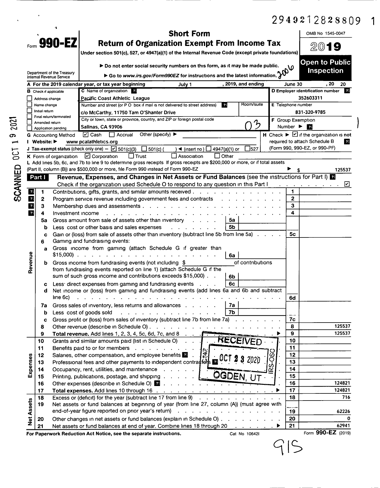 Image of first page of 2019 Form 990EZ for Pacific Coast Athletic League