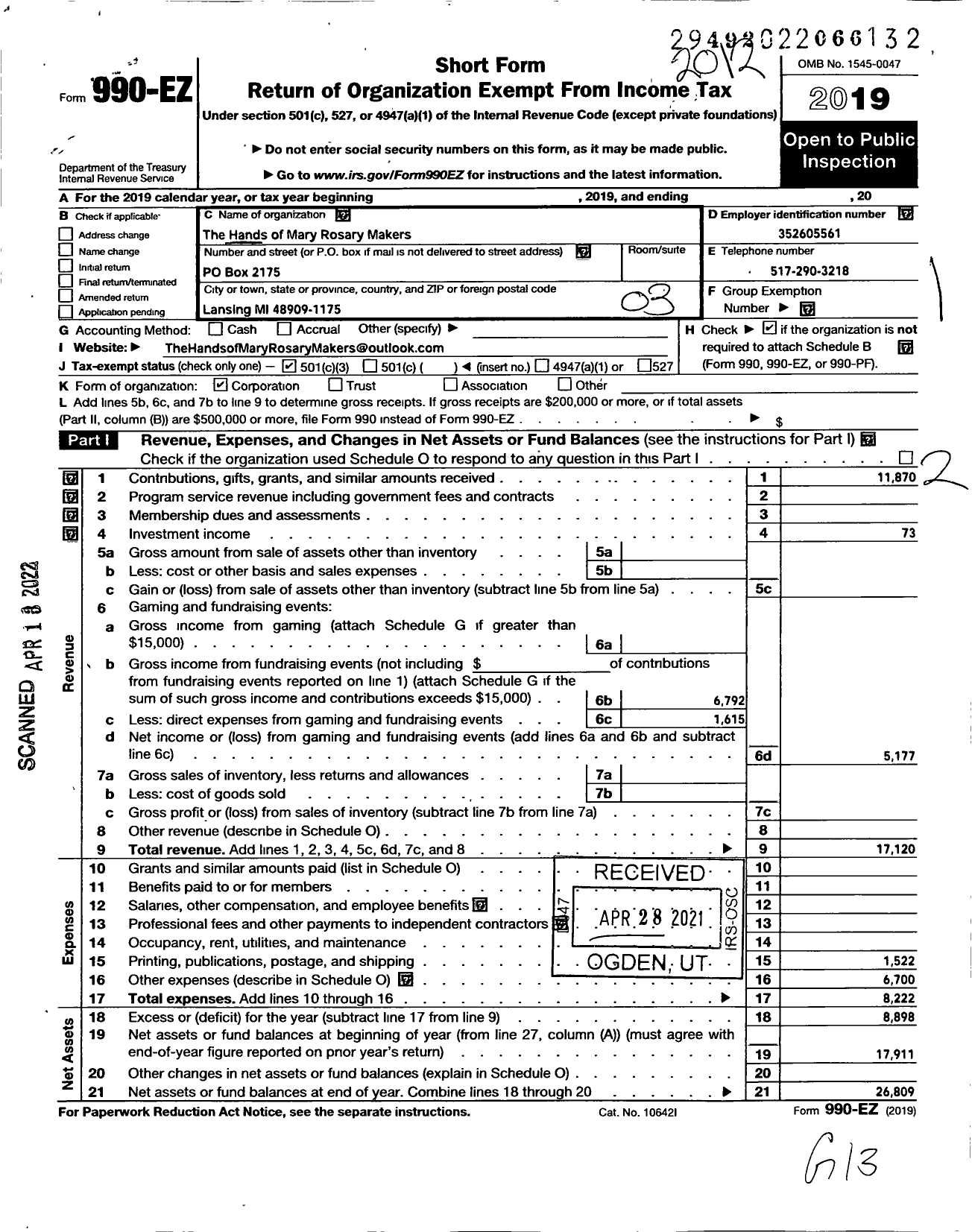 Image of first page of 2020 Form 990EZ for The Hands of Mary Rosary Makers