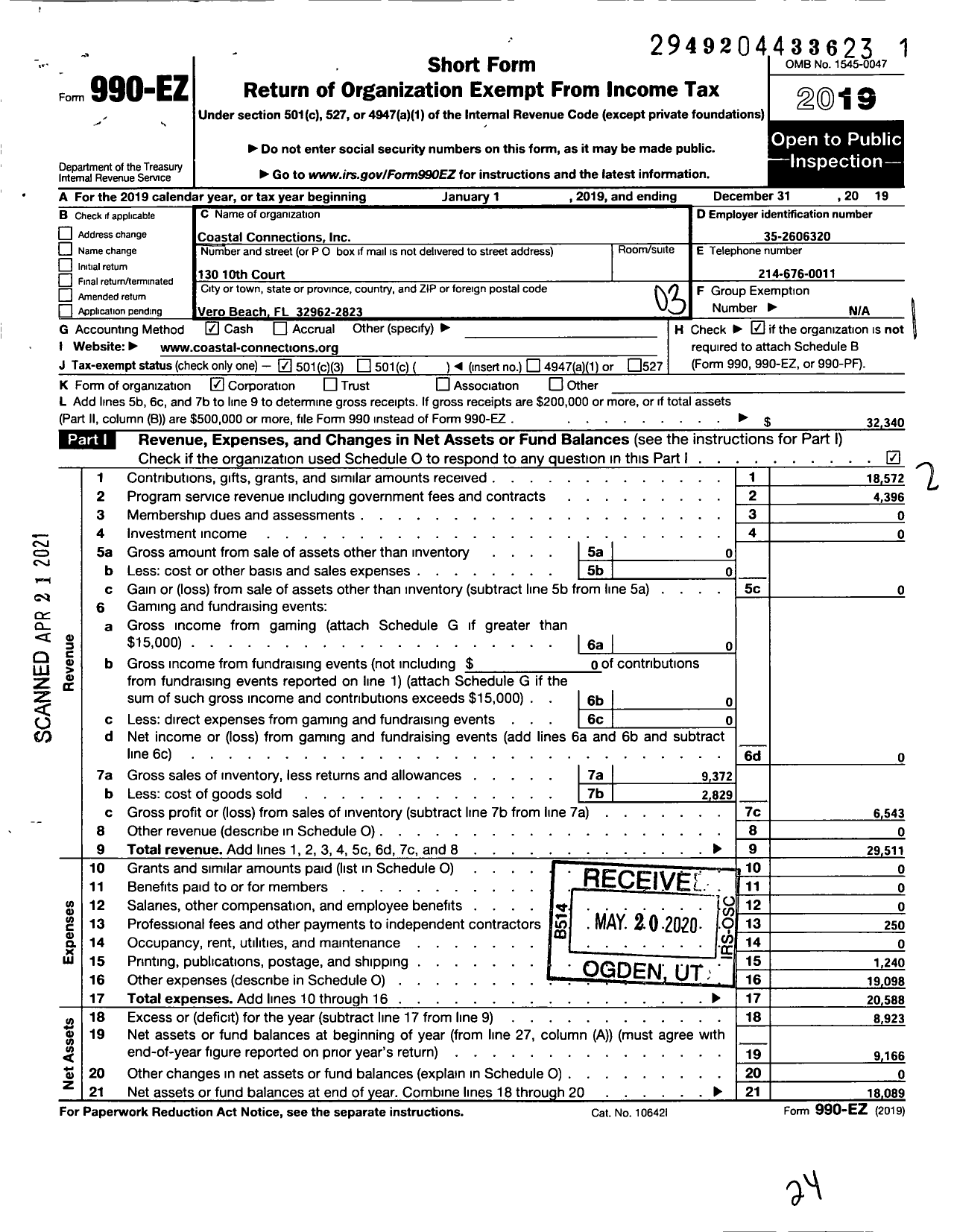 Image of first page of 2019 Form 990EZ for Coastal Connections