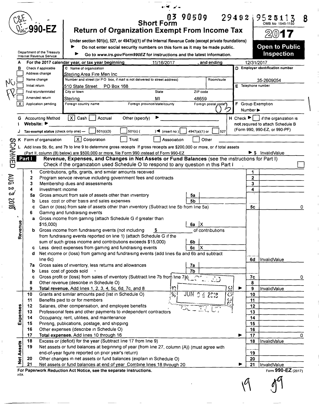 Image of first page of 2017 Form 990EZ for Sterling Area Fire Men