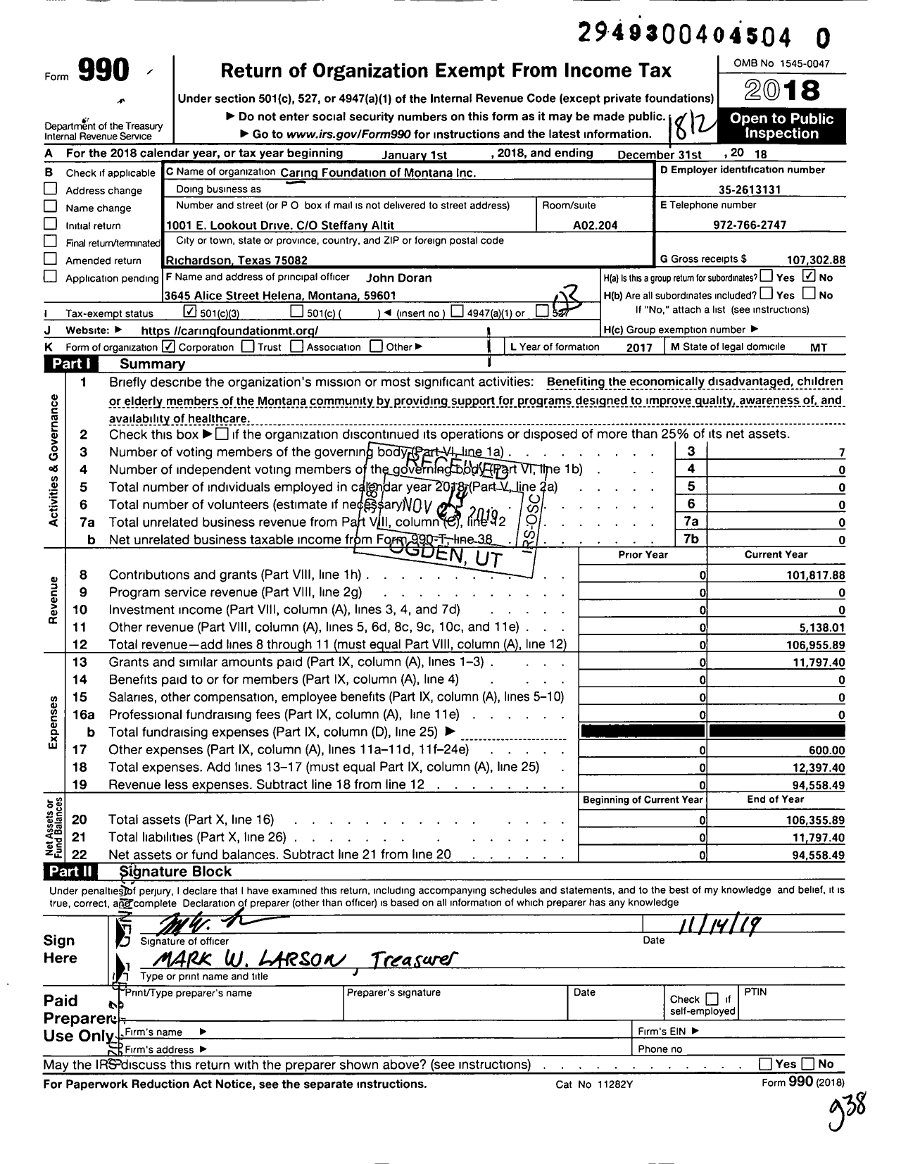 Image of first page of 2018 Form 990 for Caring Foundation of Montana