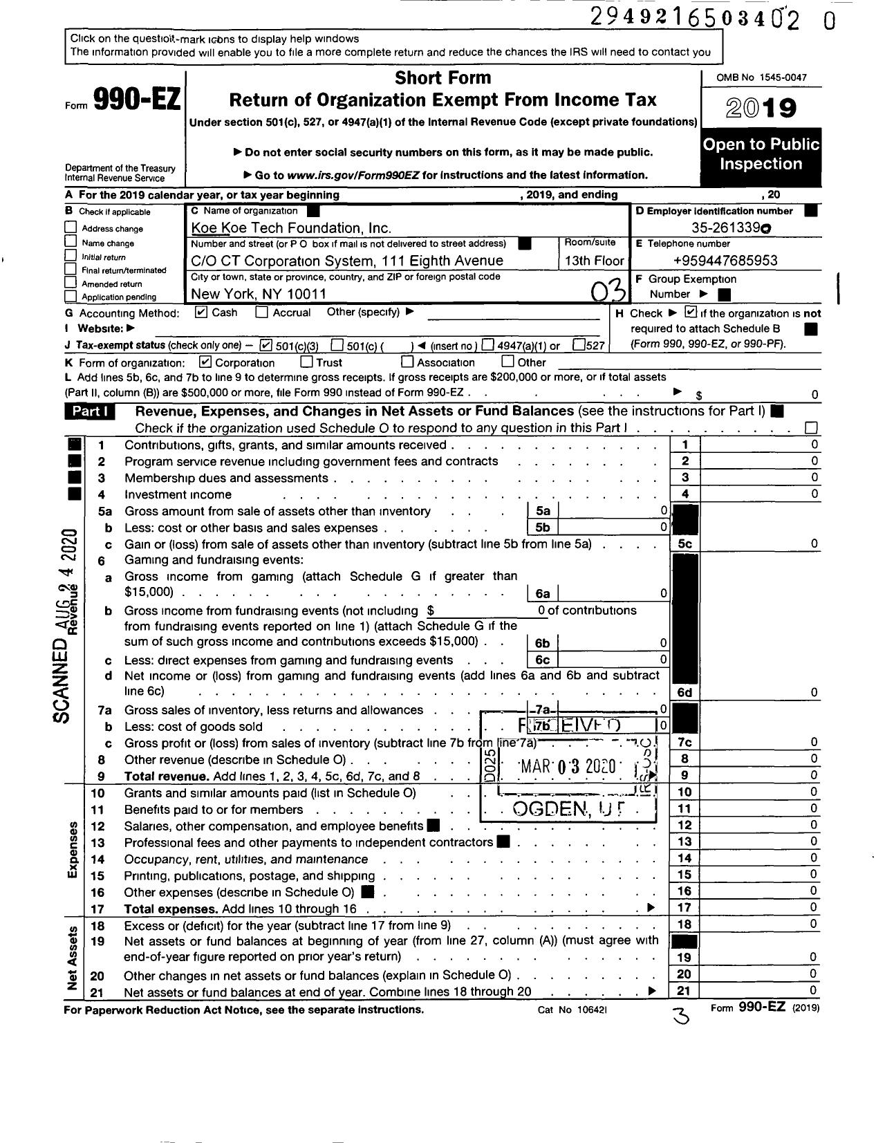 Image of first page of 2019 Form 990EZ for Koe Koe Tech Foundation