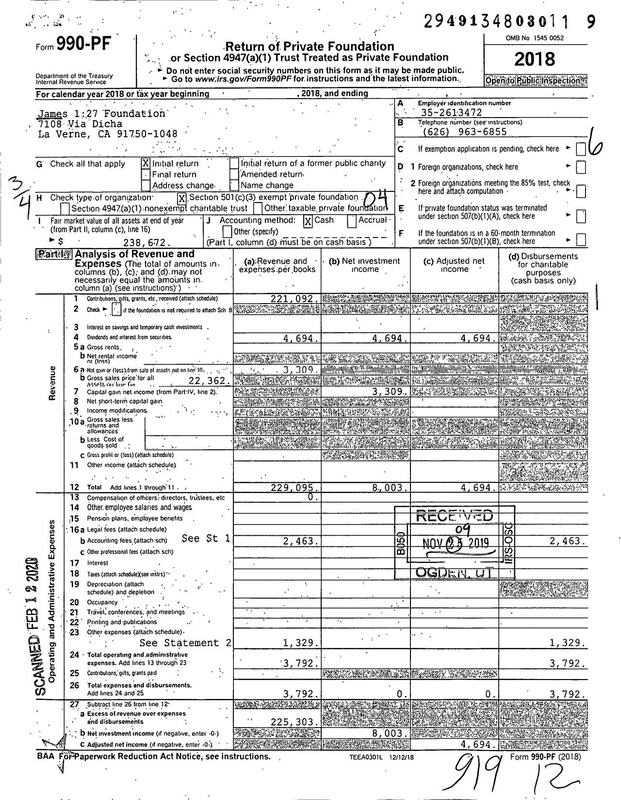 Image of first page of 2018 Form 990PF for James 127 Foundation